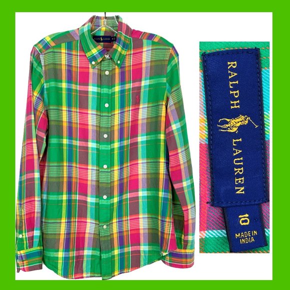 Ralph Lauren Tops - Ralph Lauren Plaid Bright Collors Flannel Button Down Shirt Sz 10